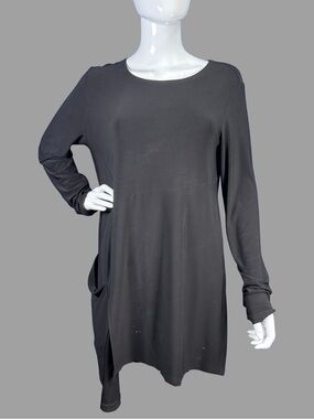 Sympli Black Long Sleeve Tunic Top with Asymmetrical Hemline and Pocket